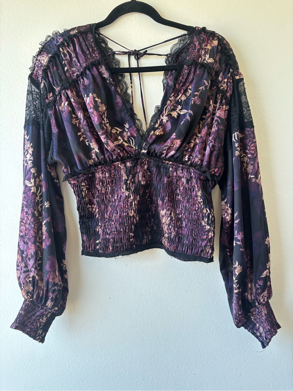 Free People Floral Lace-Trim Smocked Waist Blouse in Deep Purple
